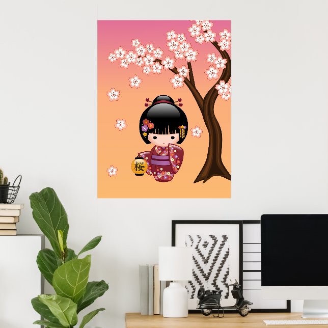 Póster Muñeca Sakura Kokeshi - Chica de Geisha en la Enví (Oficina en casa)