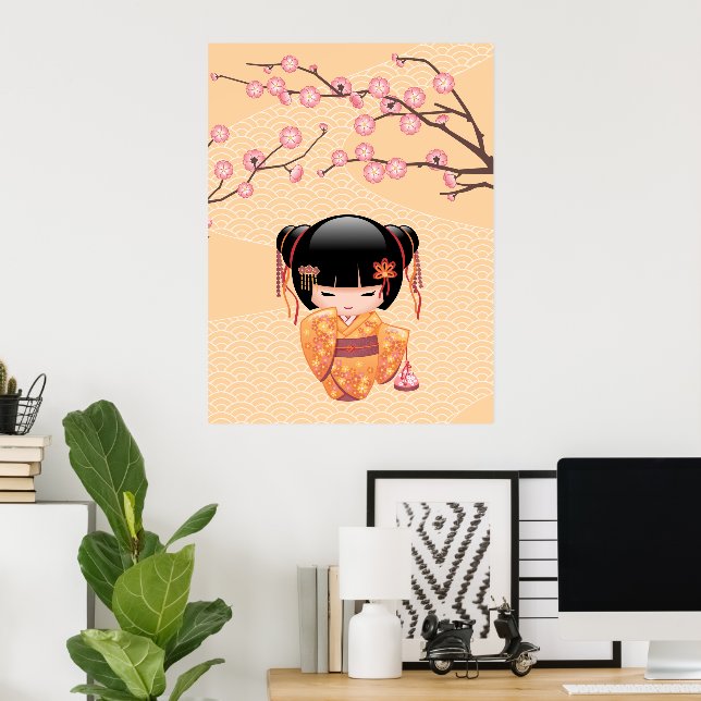 Póster Muñeca Ume Kokeshi - Chica Geisha de la enseñanza  (Oficina en casa)