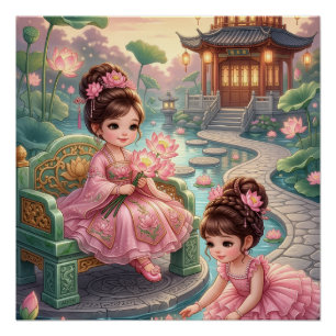 Póster Muñecas Asiáticas Lindas En Un Paisaje De Jardín T