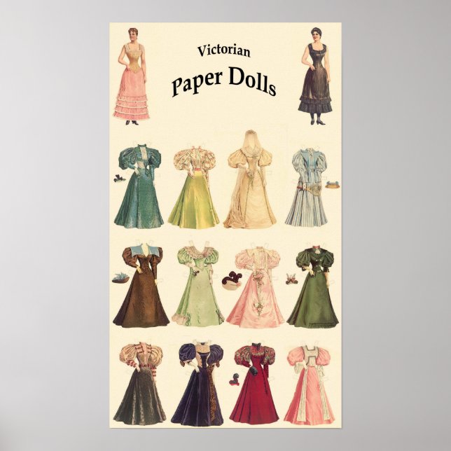 Póster Muñecas de papel de cosecha, 2 de 2, fondo de crem (Frente)