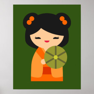 Póster Muñecas japonesas kokeshi, naranja lindo