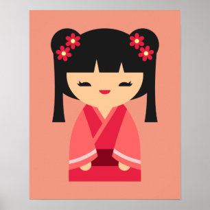 Póster Muñecas japonesas Kokeshi rosadas
