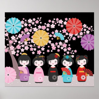 Póster Muñecas kokeshi japonesas negras