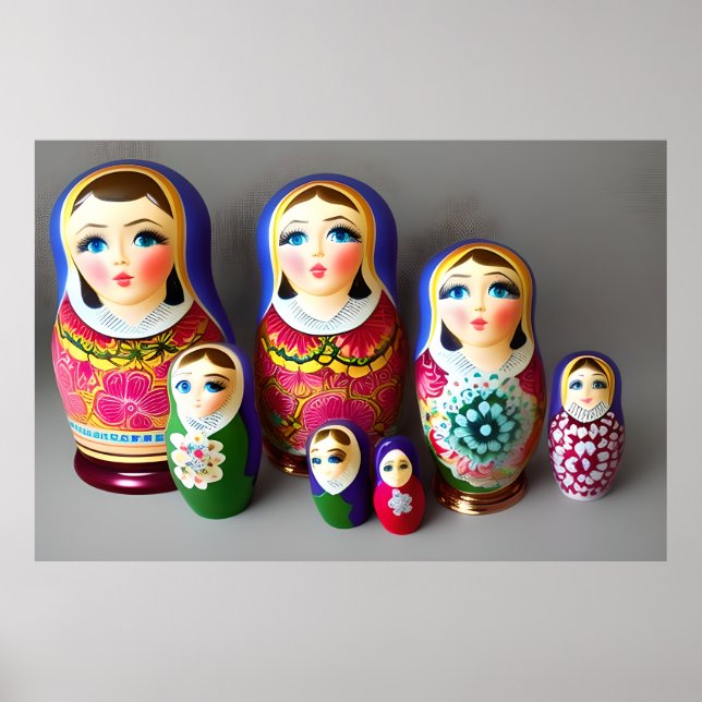 Póster Muñecas matrioshka rosa verde azul hermosa decorac (Frente)