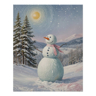 Póster Muñeco de nieve en el resplandor alpino
