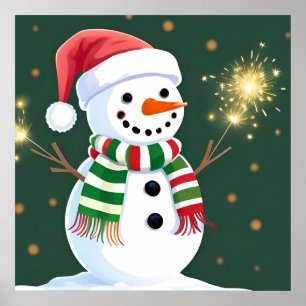Póster Muñeco de nieve feliz con bengalas y sombrero de S