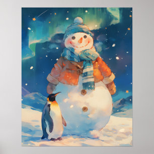 Póster Muñeco de nieve lindo y luces del norte de pingüin
