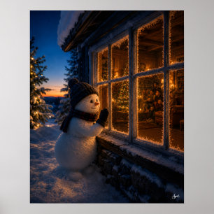 Póster Muñeco de nieve mirando por la ventana