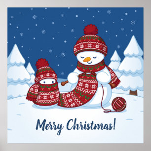 Póster Muñeco de nieve tejiendo bufanda de Navidad