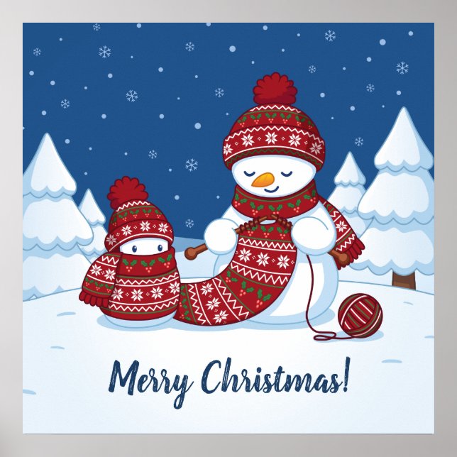 Póster Muñeco de nieve tejiendo bufanda de Navidad (Frente)