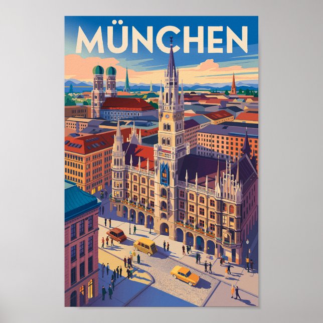 Póster Munich Germany Illustration Travel Art Vintage (Frente)