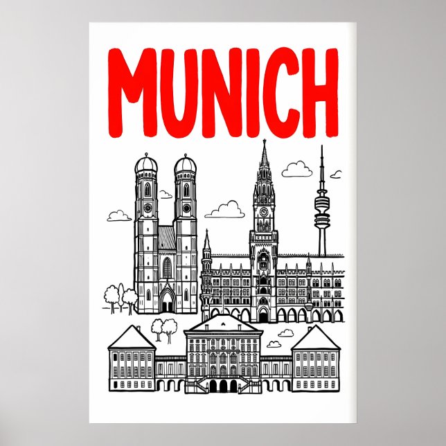 Póster Munich Skyline Poster, Red Title, Black Outline (Frente)
