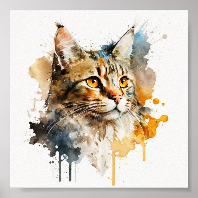 Póster Mural de gato de acuarela caprichosa (Frente)