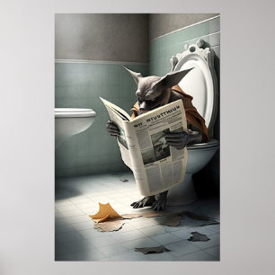 Póster Murciélago Divertido en el Baño Leyendo Periódico