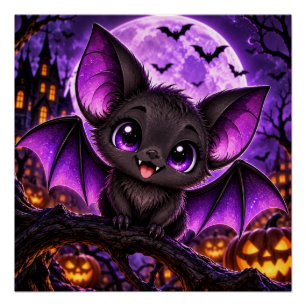 Póster Murciélago púrpura gótico lindo de Halloween luna