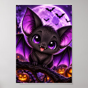 Póster Murciélago púrpura gótico lindo de Halloween luna