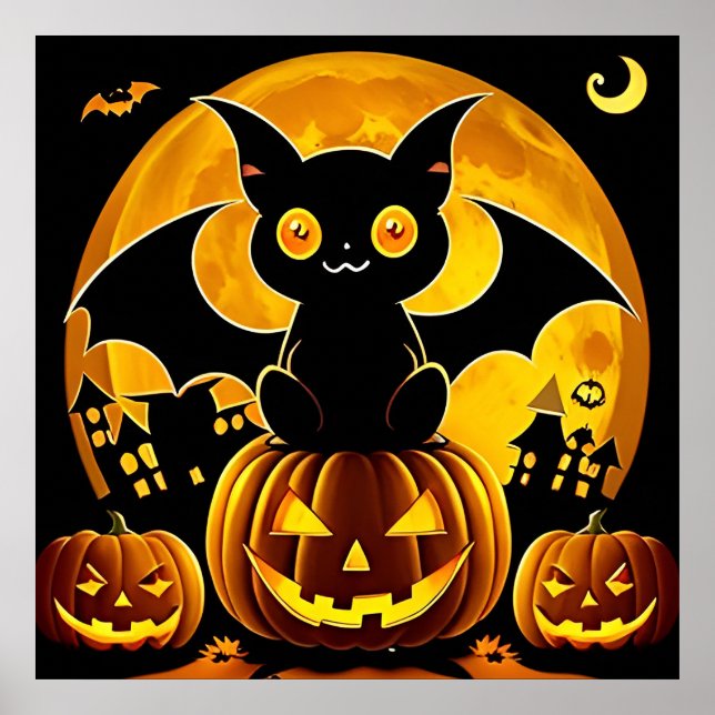 Póster Murciélagos de dibujos animados de Halloween volan (Frente)