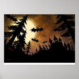 Póster Murciélagos de Halloween, castillo y luna