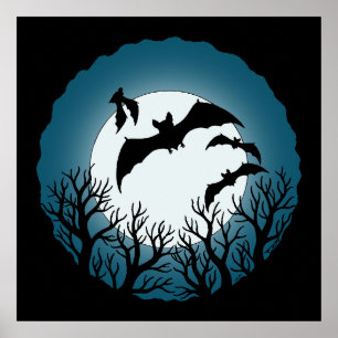 Póster Murciélagos y árboles contra la luna