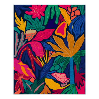 Póster Muro de patrón floral maximalista de colores vivos