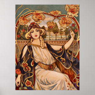 Póster Musa del Crisantemo Dorado – Floral Art Nouveau
