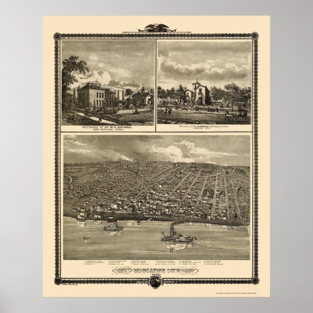 Póster Muscatine City, IA Panoramic Map - 1875 (Frente)