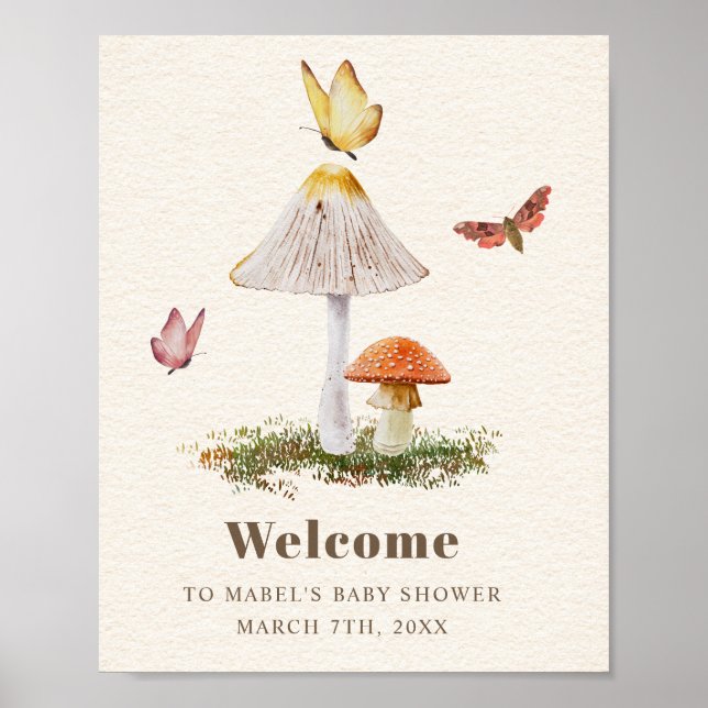 Póster Mushroom Butterflies Woodland Nature Baby Shower (Frente)