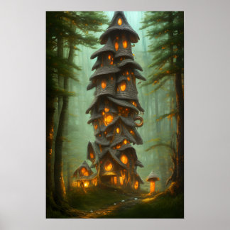 Póster Mushroom House Forest Fantasy Art