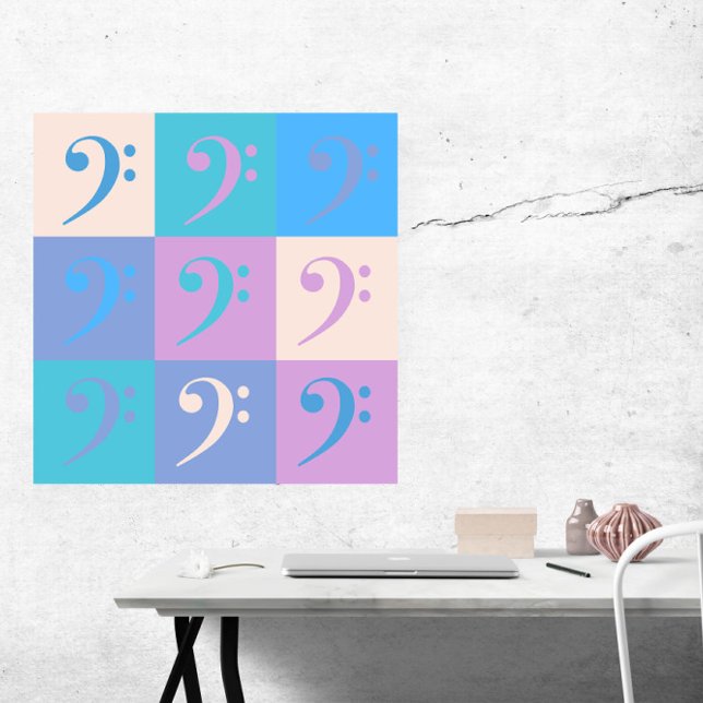 Póster Music Bass Clef Pastel Colors (A poster of pastel colored bass clef music symbols)