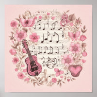 Music Notes and Flowers Retro Style