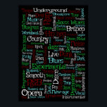 Póster Música<br><div class="desc">Ilustracion de palabras relacionadas con la música sobre un fondo negro</div>