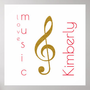 Póster música de amor, trébol dorado clef con nombre