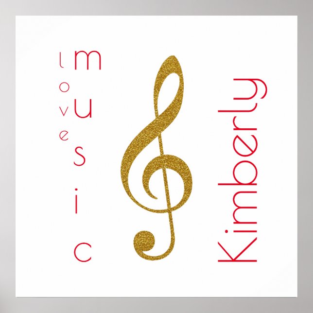 Póster música de amor, trébol dorado clef con nombre (Frente)