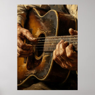 Póster Música de cerca manos de guitarrista acústico Pr
