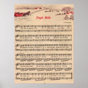 Póster Música de Hoja de Navidad Jingle Bells Vintage