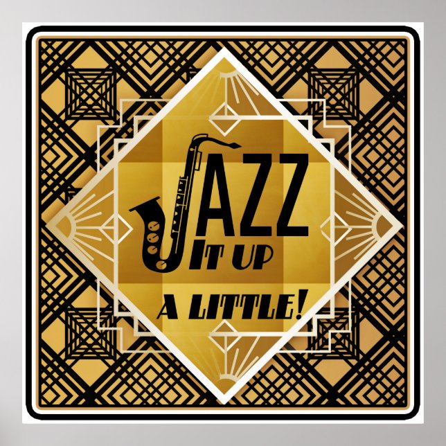 Póster Música de jazz saxofoniano en oro negro Art Deco (Frente)
