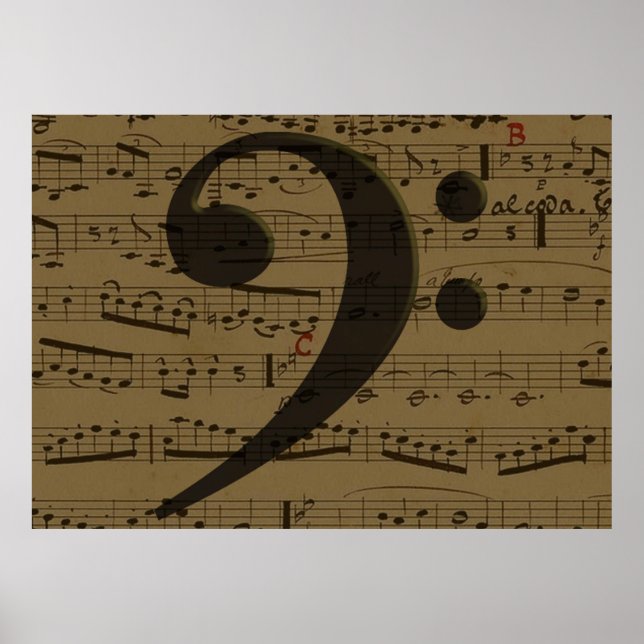 Póster Música de partitura de papel de Bass Clef (Frente)