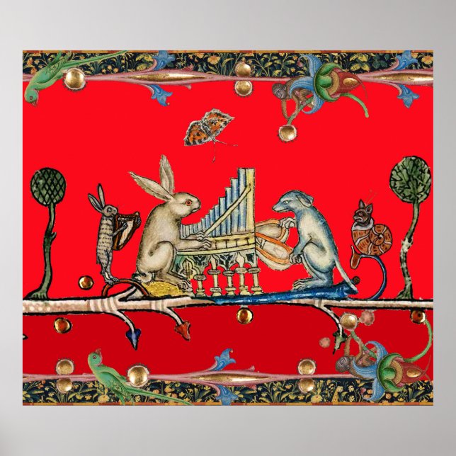 Póster MÚSICA MEDIEVAL BESTIARIA, conejo, perro, rojo (Frente)