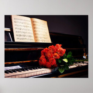 Póster Música Melancólica - Piano y Rosas Rojas