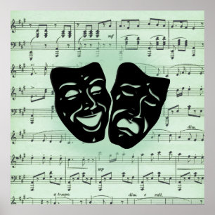 Póster Música verde y máscaras griegas de teatro