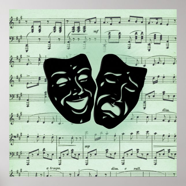Póster Música verde y máscaras griegas de teatro (Frente)