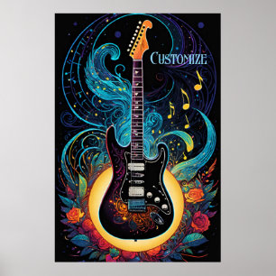 Póster Música Y Rosas Guitarra Eléctrica