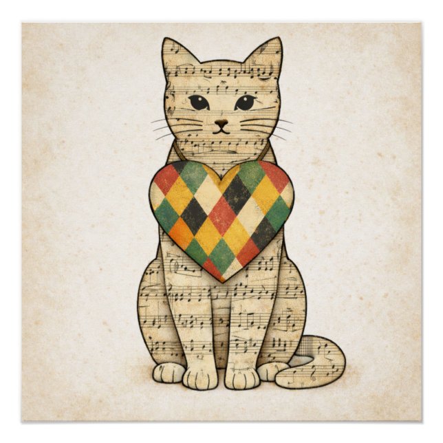 Póster Musical Cat Collage with Harlequin Heart (Anverso)