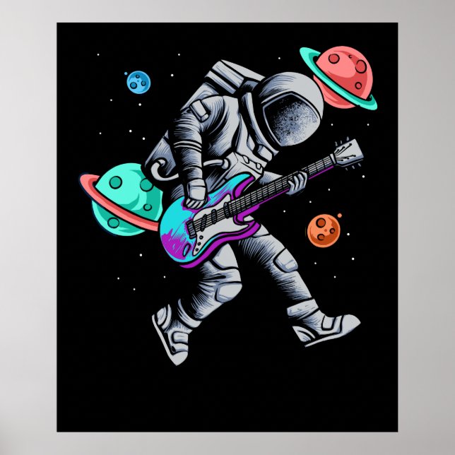 Póster Músico de astronauta tocando guitarra con planetas (Frente)