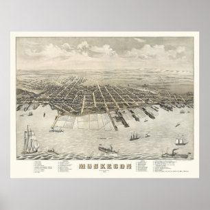 Póster Muskegon, mapa panorámico -1874 del MI
