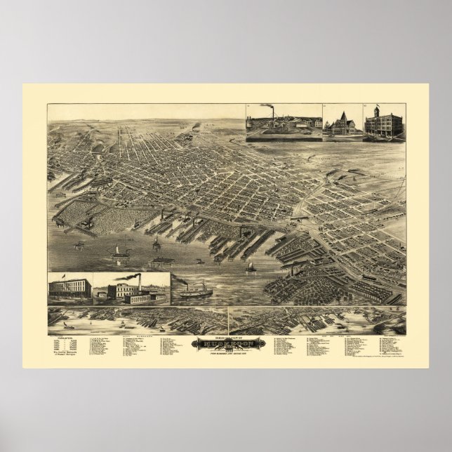 Póster Muskegon, Mapa Panorámico de MI - 1889 (Frente)