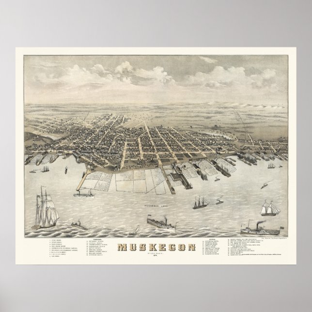 Póster Muskegon, Mapa Panorámico MI -1874 (Frente)