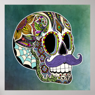 Póster Mustache Sugar Skull Poster - Textured Background