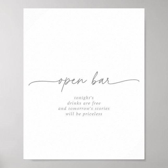 Póster Muted Gray Simple Minimalist Wedding Open Bar Sign (Frente)