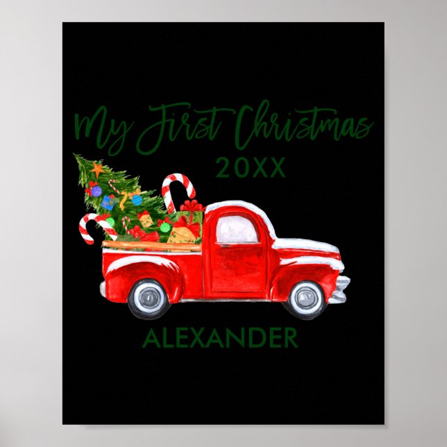 Póster My First Christmas Red Truck Candy Canes Gray Baby (Frente)
